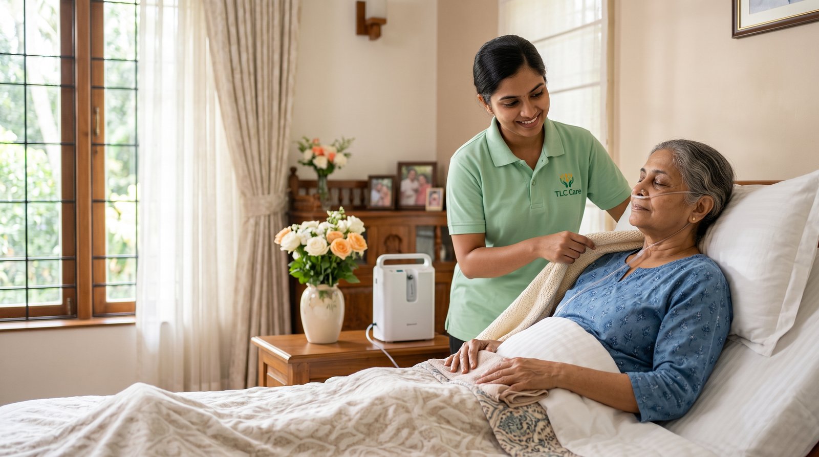 A TLC caregiver tucking in a blanket for an elderly woman resting in bed with oxygen support