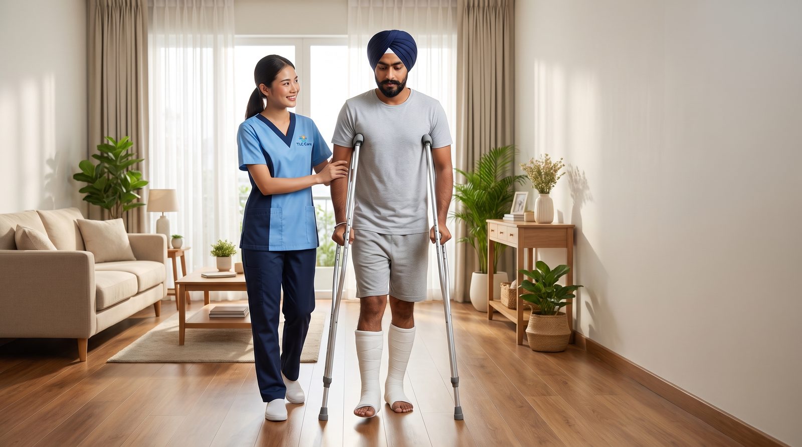 A TLC caregiver steadying a man on crutches with his leg in a cast as he walks at home