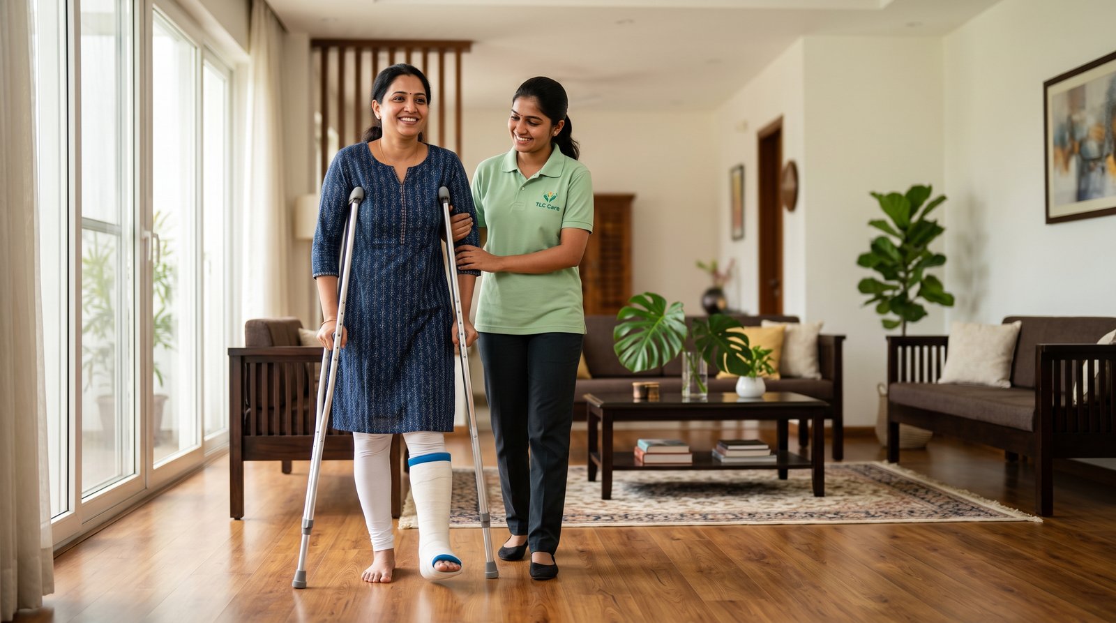 A TLC caregiver steadying a woman on crutches with her leg in a cast as she walks at home