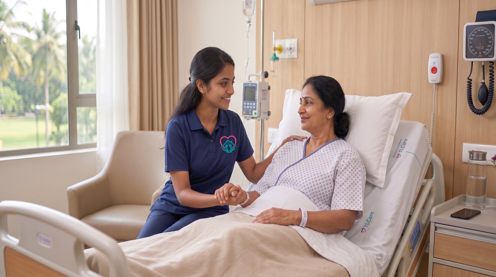 A TLC caregiver holding the hand of a recovering patient at her hospital bedside