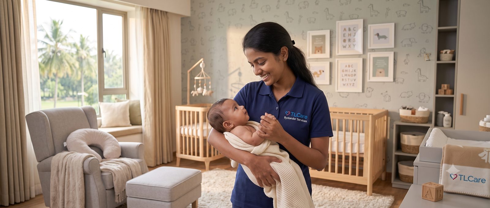 A TLC caregiver gently cradling a newborn in a sunlit nursery