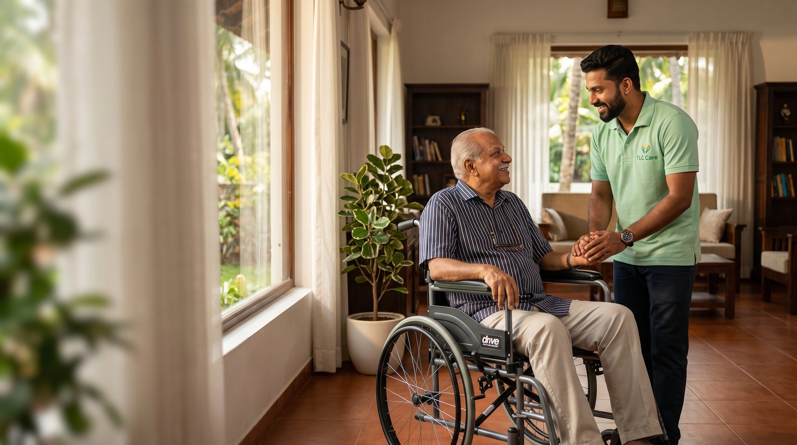 A TLC caregiver holding hands with a smiling elderly man in his wheelchair at home