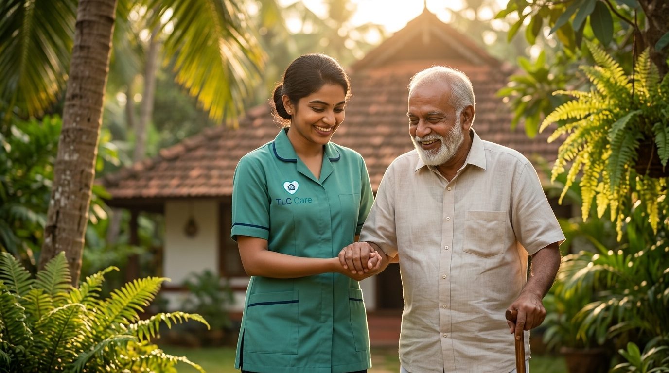 A TLC caregiver in teal scrubs helping a smiling elderly man walk through a sunlit Kerala garden