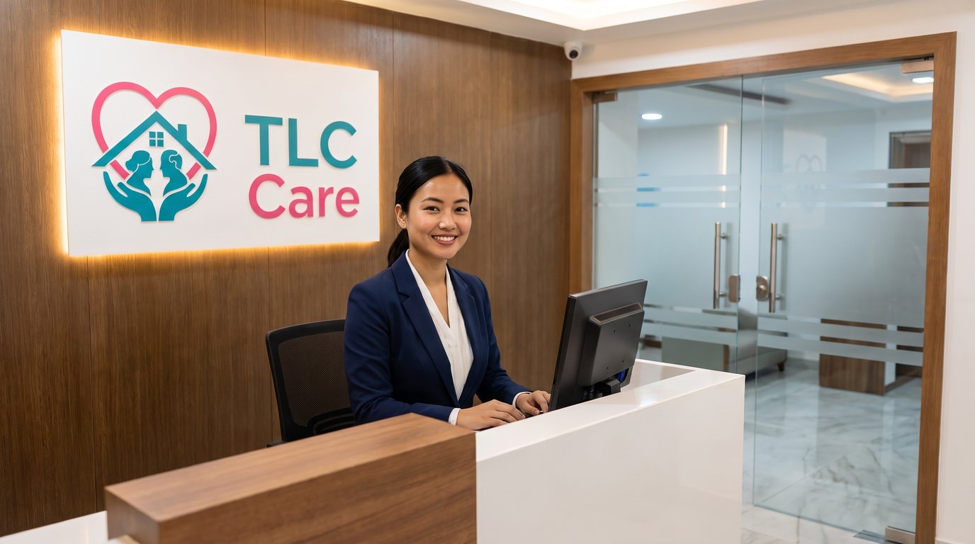 The TLC Care office reception, with our logo displayed on the wood-panelled wall and a team member at the front desk