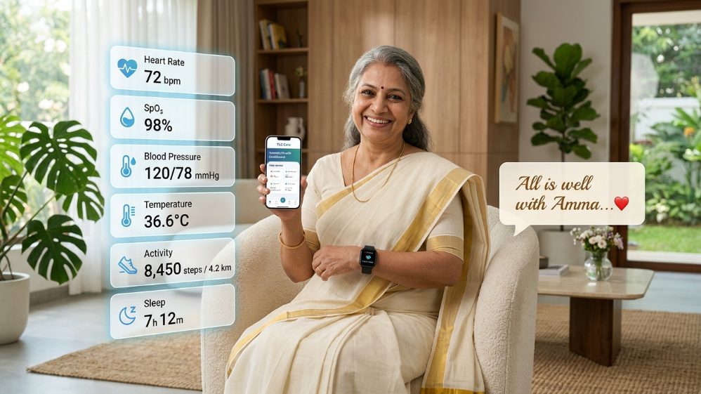 A smiling elderly woman in a cream saree holds up her phone showing the TLC health app, her live vitals — heart rate, SpO₂, blood pressure, temperature, activity and sleep — all normal, with the message 'All is well with Amma'