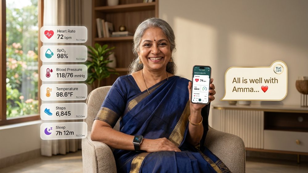 A smiling elderly woman in a navy saree shows her phone with the TLC health app — heart rate, SpO₂, blood pressure, temperature, steps and sleep all normal, with the message 'All is well with Amma'